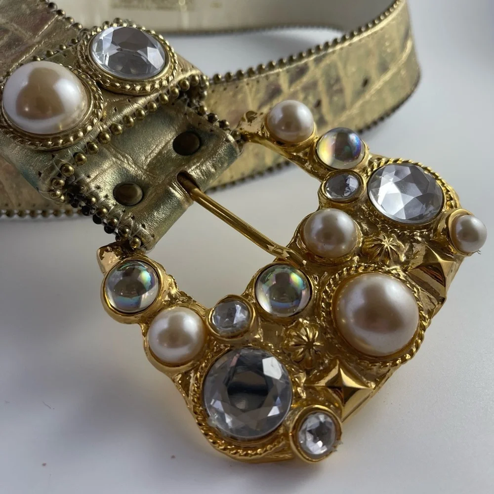 Leatherock Vintage Jeweled Gold Leather Rhinestone Belt Size S - Picture 3 of 16